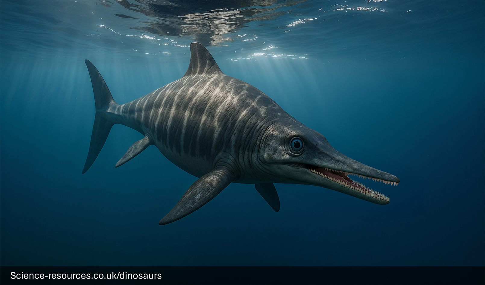 A photorealistic computer-generated image of a prehistoric marine reptile, an Ichthyosaurus, swimming just below the surface of the ocean. The creature has a sleek, dolphin-like body with a prominent dorsal fin, large tail fluke, and a long, narrow snout with many sharp teeth. Its skin is patterned with dark grey stripes over a lighter grey base. Bright rays of sunlight penetrate the water from the surface above.