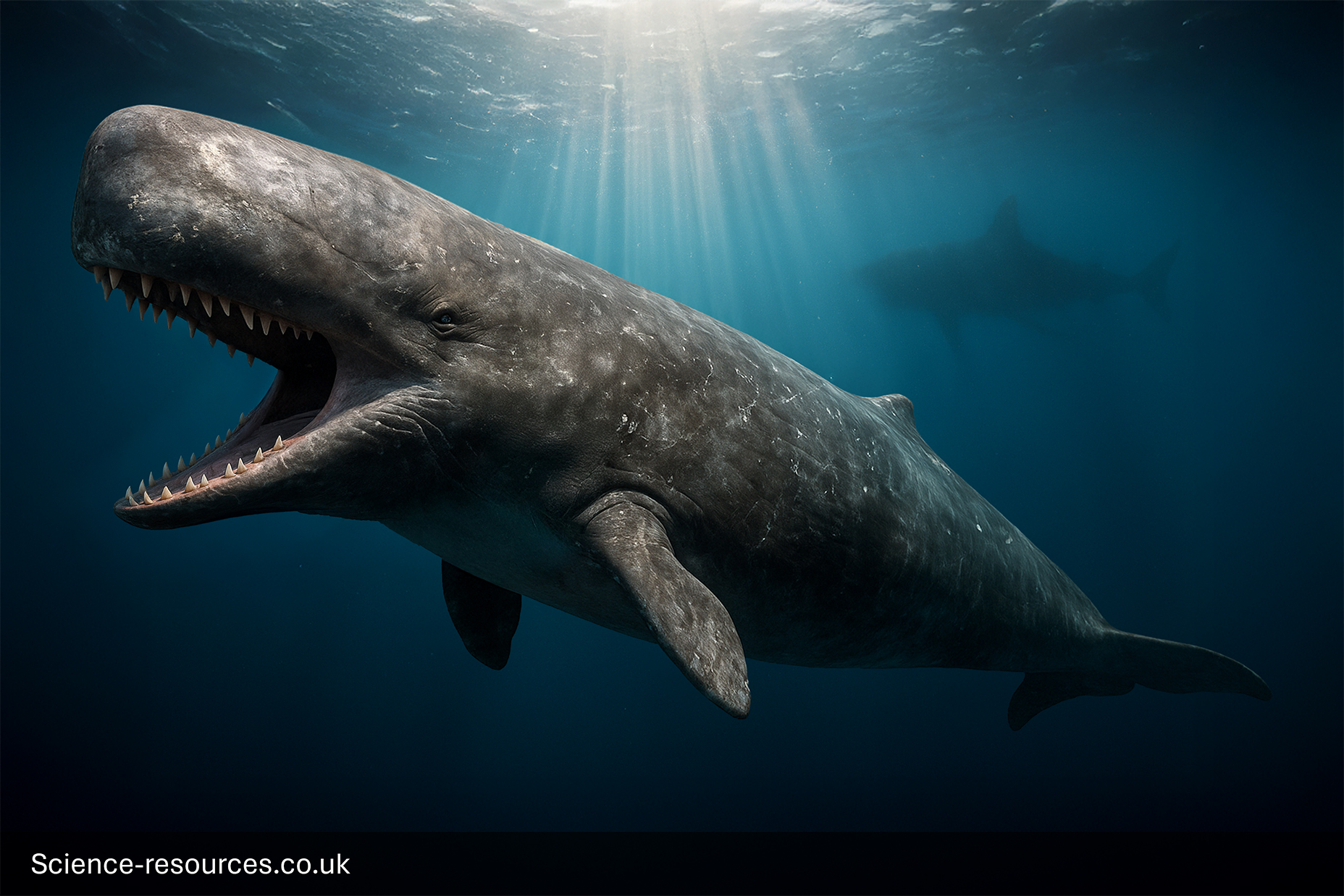 A menacing, dark-coloured, photorealistic computer-generated image of a giant prehistoric toothed whale, Livyatan melvillei, swimming in deep blue water. The whale has a massive blunt head, large pectoral fins, and a gaping mouth showing huge, sharp teeth. Rays of sunlight penetrate the surface from above, and the dark silhouette of a Megalodon, is visible in the background.