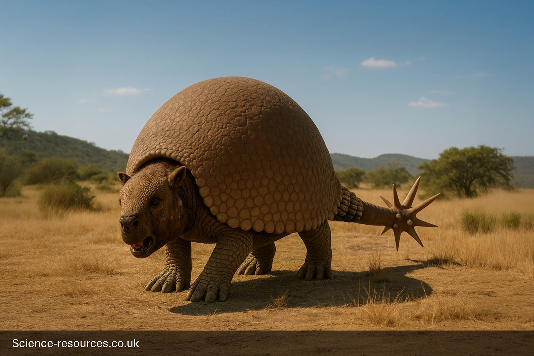 A dark, photorealistic computer-generated image of the Ice Age Doedicurus.