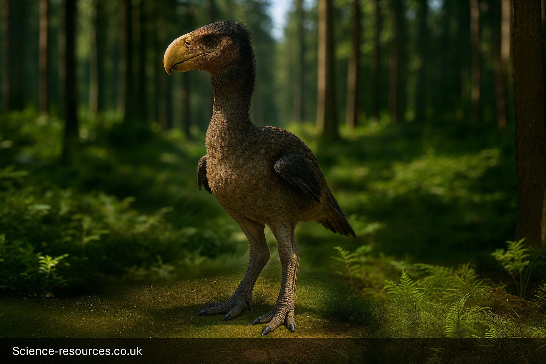 A photorealistic computer-generated image of a Gastornis (formerly known as Diatryma), a large, extinct, flightless bird, standing in a lush, prehistoric forest. The bird is dark gray, with a smooth head, small wings, powerful legs, and a distinctive, massive yellow-orange, curved beak. It is standing on a dark forest floor covered in bright green ferns and moss, surrounded by tall, straight coniferous trees.