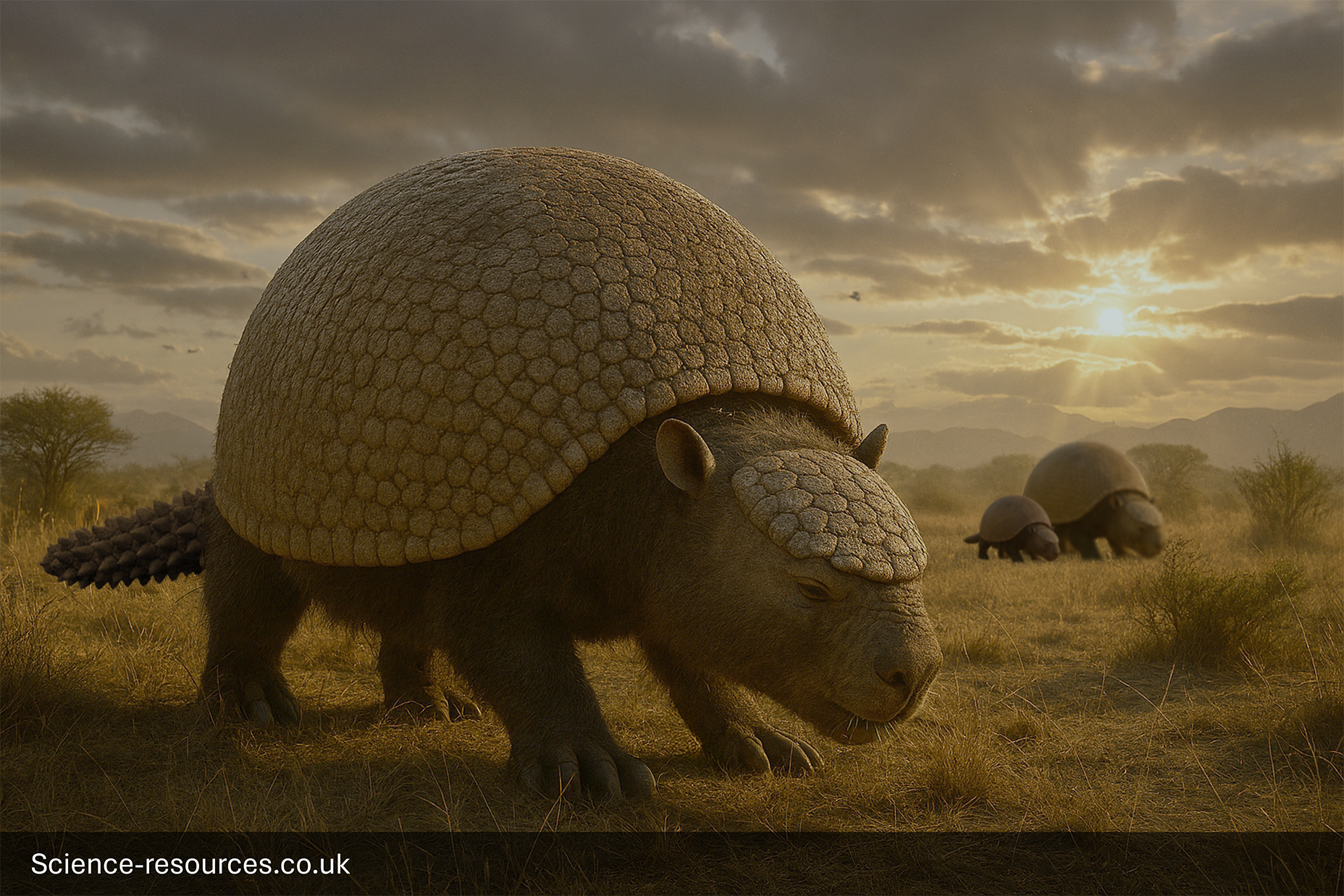 A photorealistic computer-generated image of an Ice Age Glyptodon.