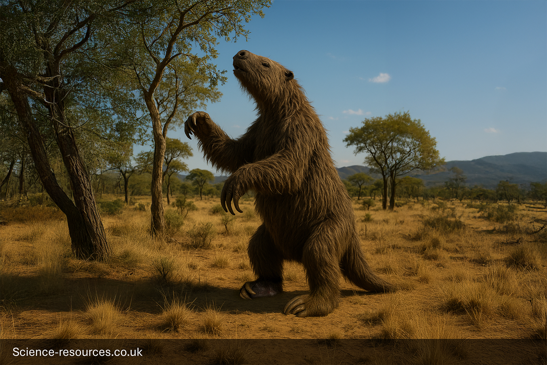 A menacing, dark-coloured, photorealistic computer-generated image of a the Ice Age Megatherium.