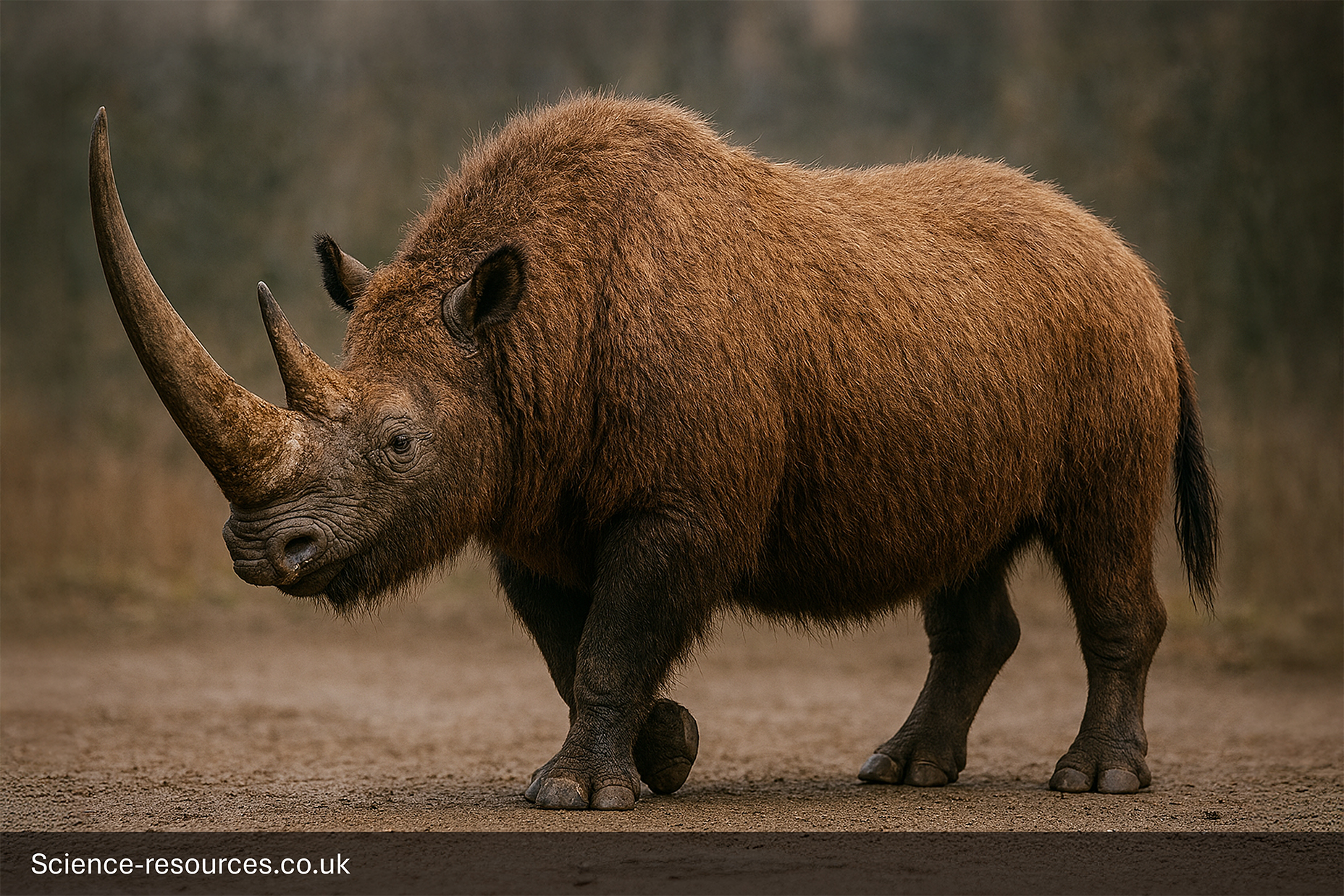 A photorealistic computer-generated image of the Ice Age Woolly Rhino.